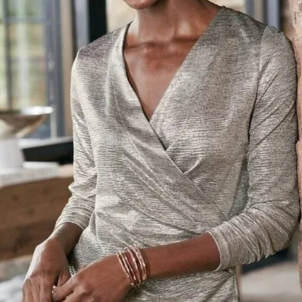 NWT Soft Surroundings Stella Top, Faux Wrap, Metallic Foil - Womens XS
